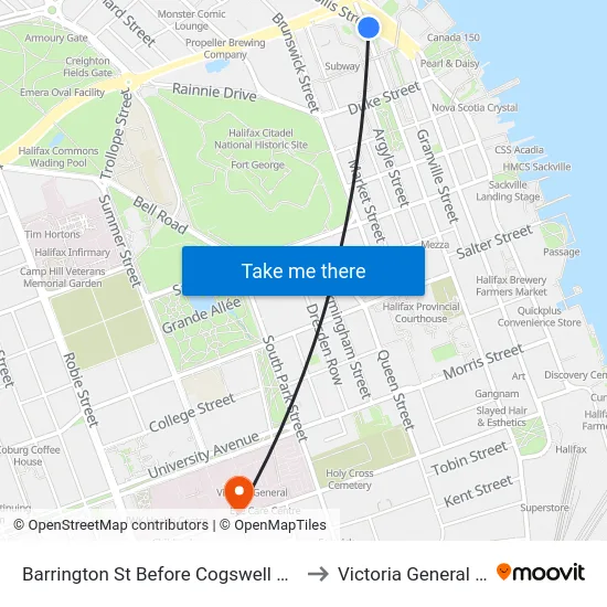 Barrington St Before Cogswell St  Bay 2 (2348) to Victoria General Hospital map