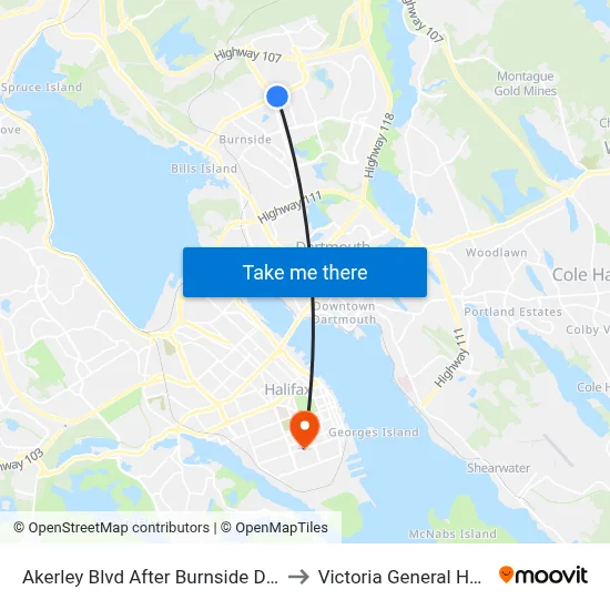 Akerley Blvd After Burnside Dr (2360) to Victoria General Hospital map