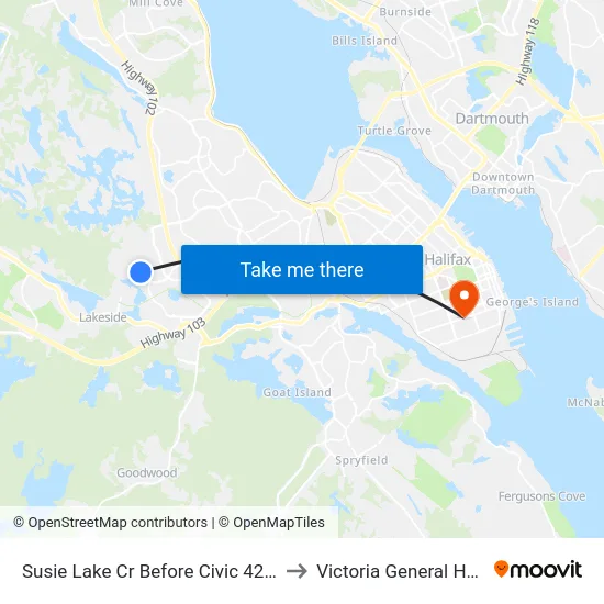 Susie Lake Cr Before Civic 420 (2312) to Victoria General Hospital map