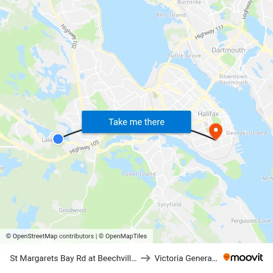 St Margarets Bay Rd at Beechville Park Dr (6153) to Victoria General Hospital map