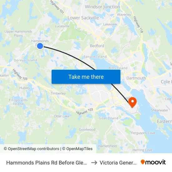 Hammonds Plains Rd Before Glen Arbour Way (6808) to Victoria General Hospital map