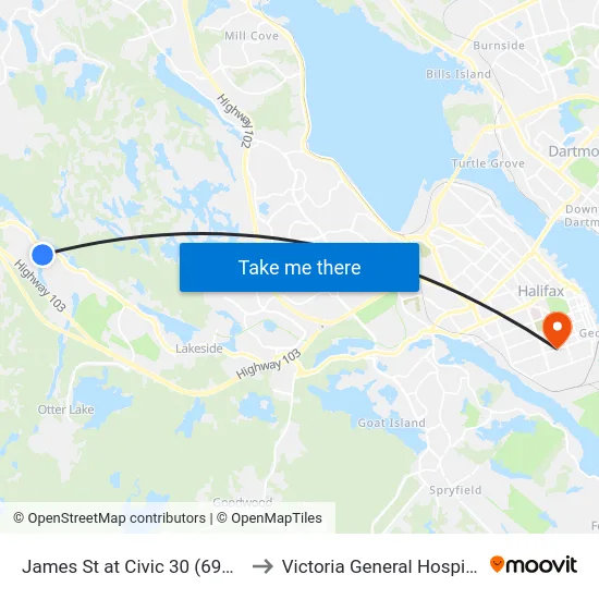 James St at Civic 30 (6976) to Victoria General Hospital map