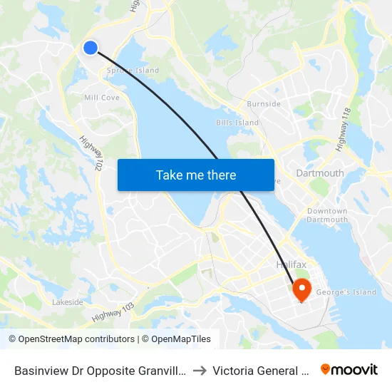 Basinview Dr Opposite Granville Rd (6141) to Victoria General Hospital map