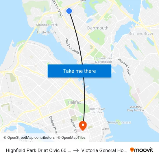 Highfield Park Dr at Civic 60 (6920) to Victoria General Hospital map