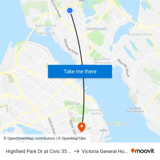 Highfield Park Dr at Civic 35 (6922) to Victoria General Hospital map