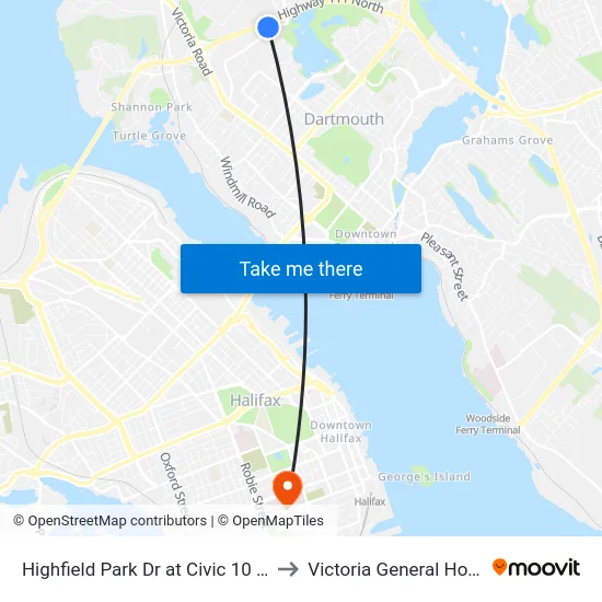 Highfield Park Dr at Civic 10 (6925) to Victoria General Hospital map