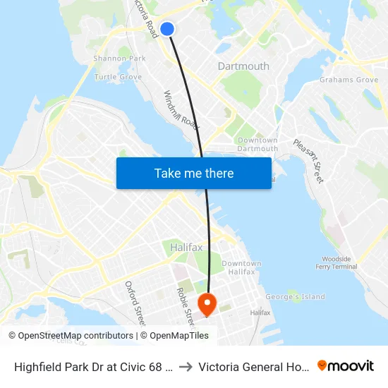 Highfield Park Dr at Civic 68 (6926) to Victoria General Hospital map