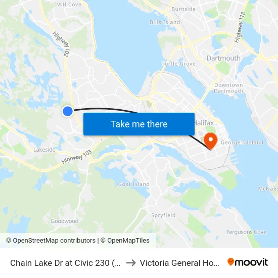 Chain Lake Dr at Civic 230 (6392) to Victoria General Hospital map