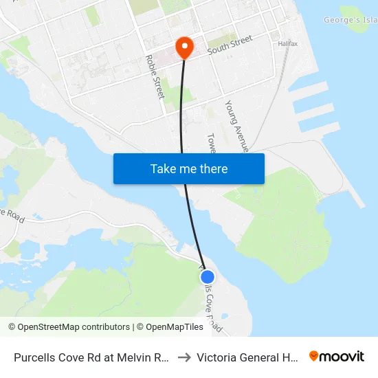 Purcells Cove Rd at Melvin Rd (8096) to Victoria General Hospital map