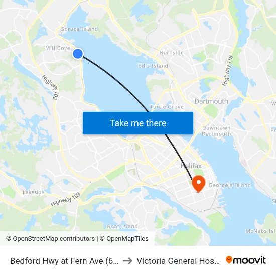 Bedford Hwy at Fern Ave (6273) to Victoria General Hospital map