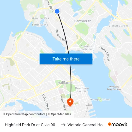 Highfield Park Dr at Civic 90 (6917) to Victoria General Hospital map