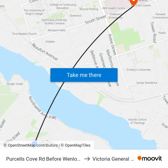 Purcells Cove Rd Before Wenlock Grv (8121) to Victoria General Hospital map