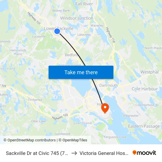 Sackville Dr at Civic 745 (7294) to Victoria General Hospital map