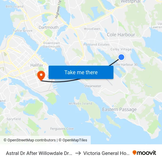 Astral Dr After Willowdale Dr (6056) to Victoria General Hospital map