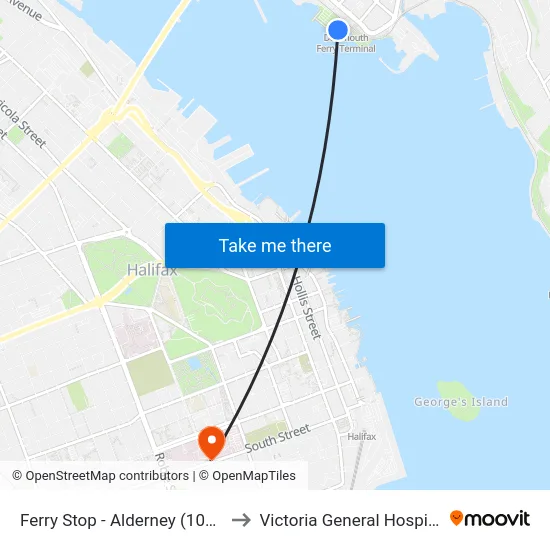 Ferry Stop - Alderney (1074) to Victoria General Hospital map