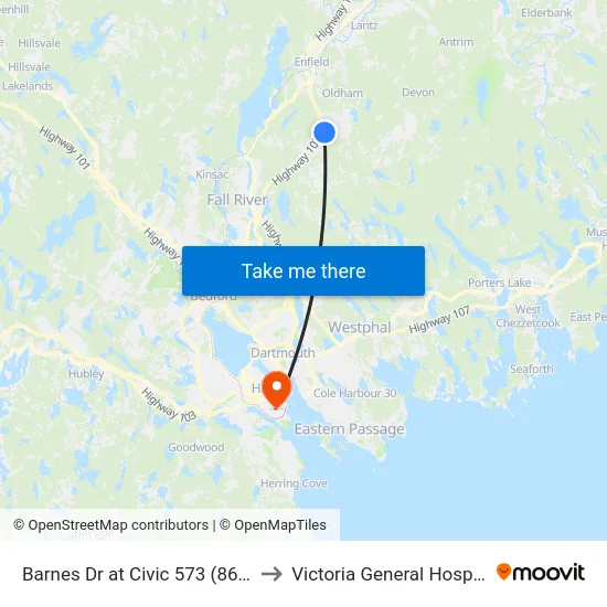 Barnes Dr at Civic 573 (8696) to Victoria General Hospital map