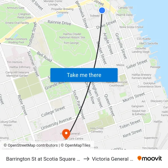 Barrington St at Scotia Square Bay 4 (6108) to Victoria General Hospital map