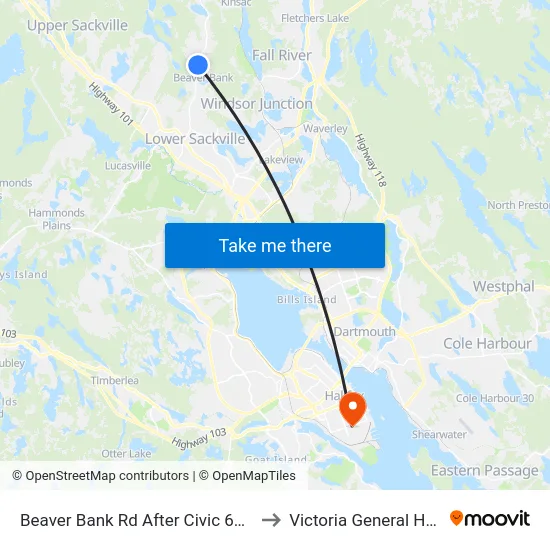 Beaver Bank Rd After Civic 632 (8753) to Victoria General Hospital map