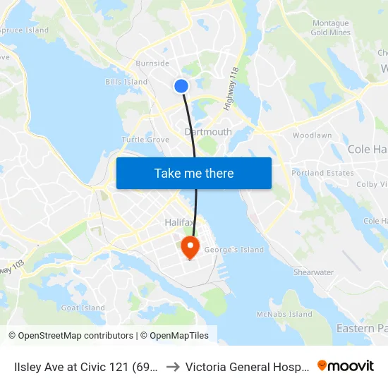 Ilsley Ave at Civic 121 (6958) to Victoria General Hospital map