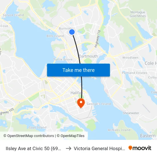 Ilsley Ave at Civic 50 (6950) to Victoria General Hospital map