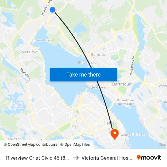 Riverview Cr at Civic 46 (8170) to Victoria General Hospital map