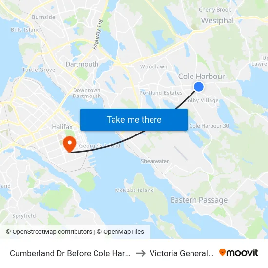 Cumberland Dr Before Cole Harbour Rd (6542) to Victoria General Hospital map
