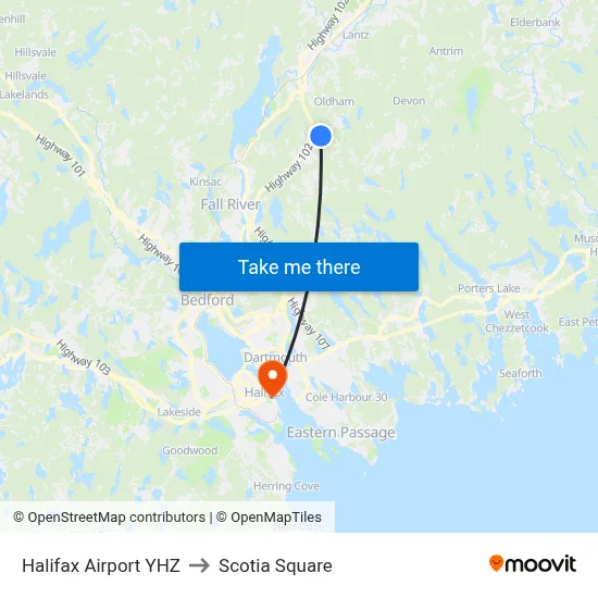 Halifax Airport YHZ to Scotia Square map