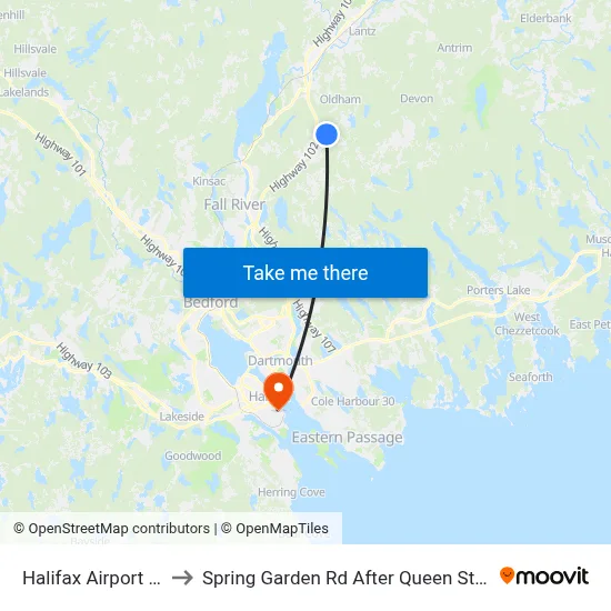 Halifax Airport YHZ to Spring Garden Rd After Queen St (8327) map