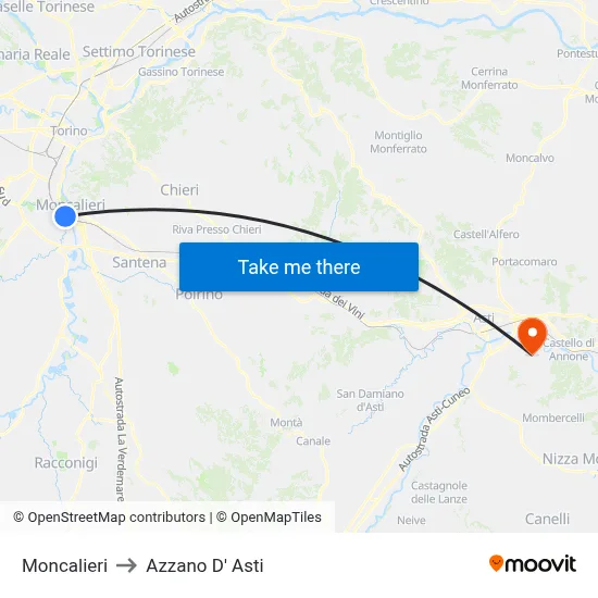 Moncalieri to Azzano D'Asti map