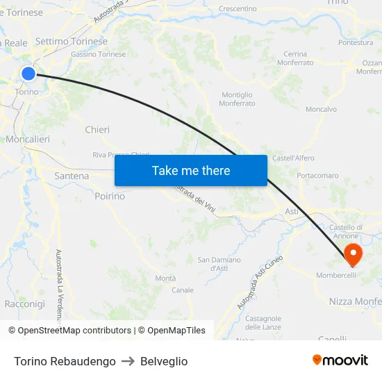 Turin Rebaudengo to Belveglio map