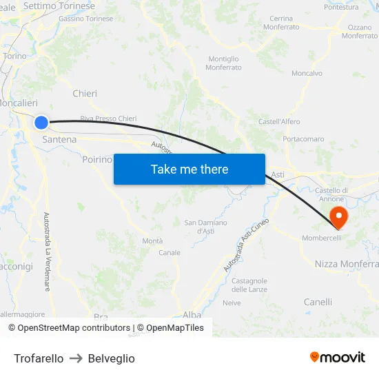 Trofarello to Belveglio map