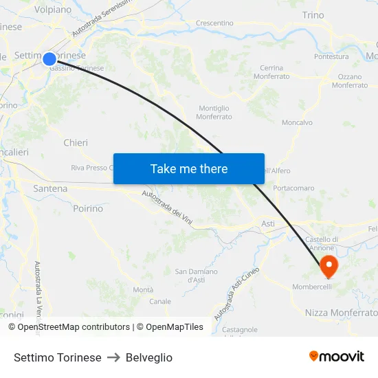 Settimo Torinese to Belveglio map
