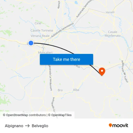 Alpignano to Belveglio map