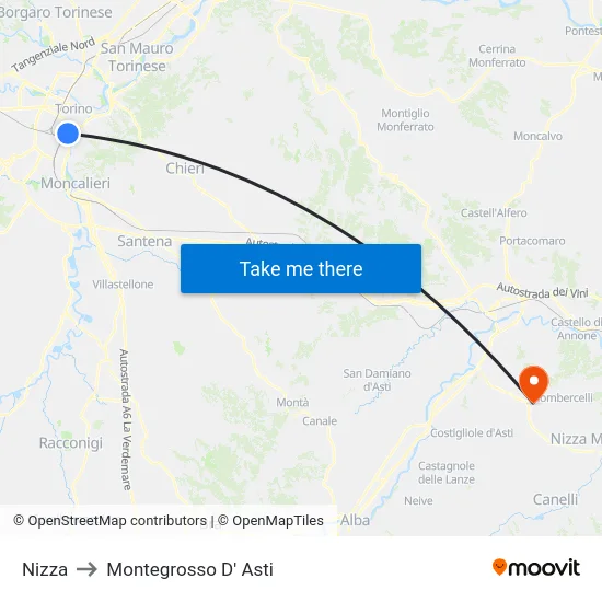 Nizza to Montegrosso D' Asti map