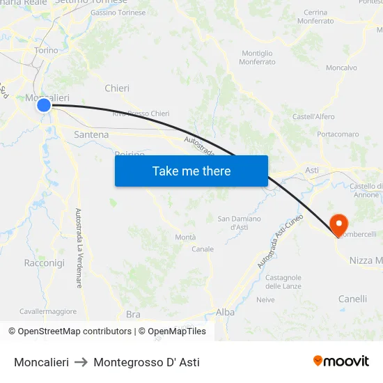 Moncalieri to Montegrosso D' Asti map