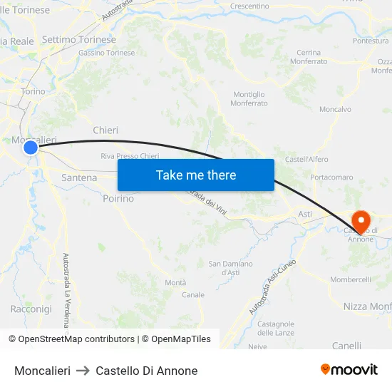 Moncalieri to Annone Castle map