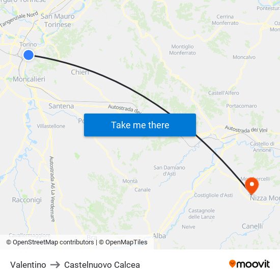 Valentino to Castelnuovo Calcea map