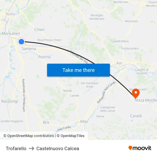 Trofarello to Castelnuovo Calcea map