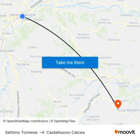 Settimo Torinese to Castelnuovo Calcea map