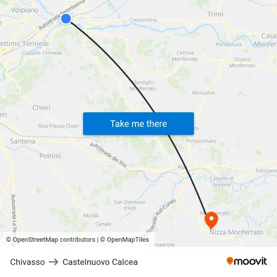 Chivasso to Castelnuovo Calcea map