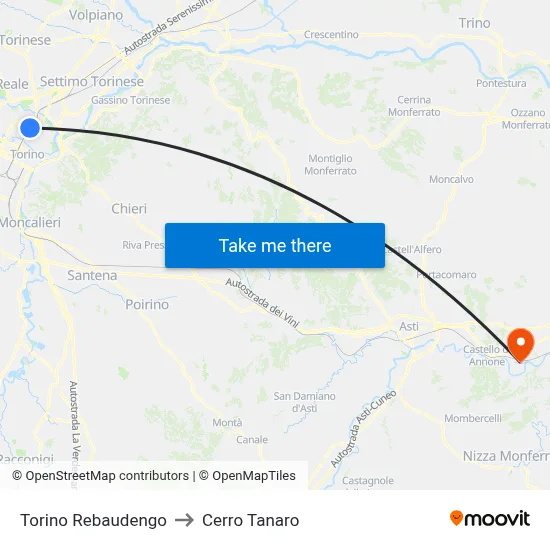 Turin Rebaudengo to Cerro Tanaro map