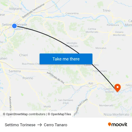 Settimo Torinese to Cerro Tanaro map