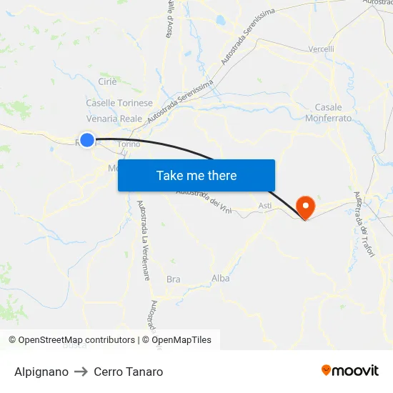 Alpignano to Cerro Tanaro map