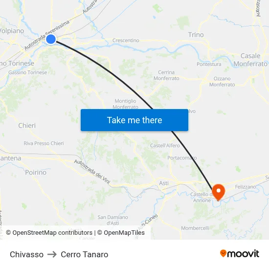 Chivasso to Cerro Tanaro map