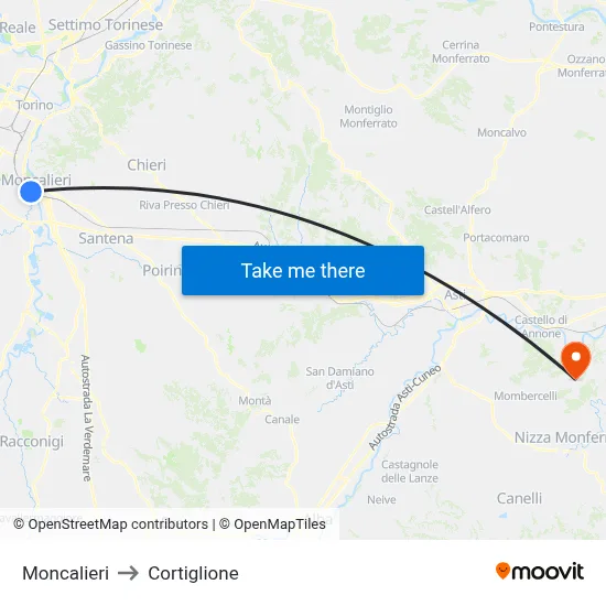 Moncalieri to Cortiglione map