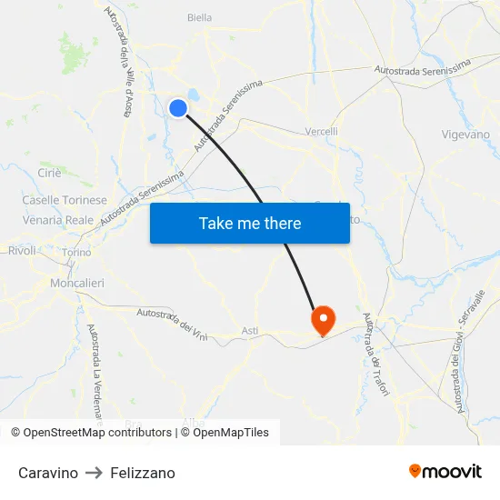 Caravino to Felizzano map
