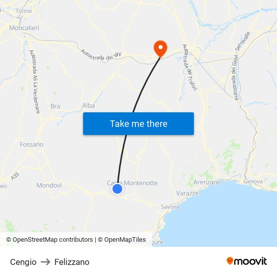 Cengio to Felizzano map