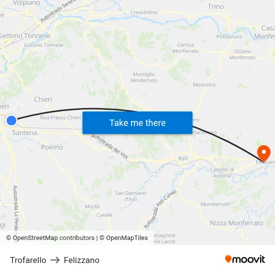 Trofarello to Felizzano map