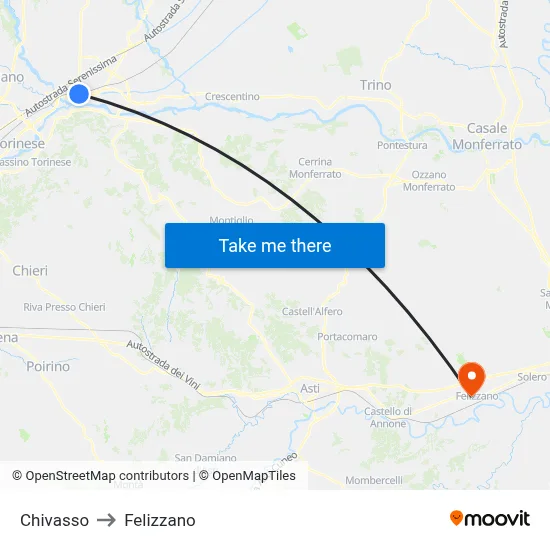 Chivasso to Felizzano map