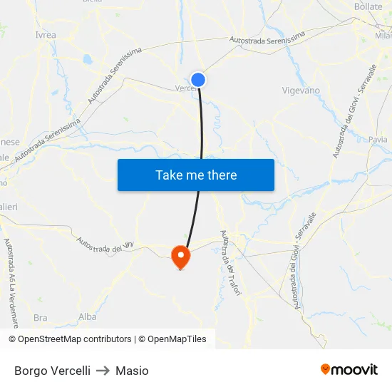 Borgo Vercelli to Masio map